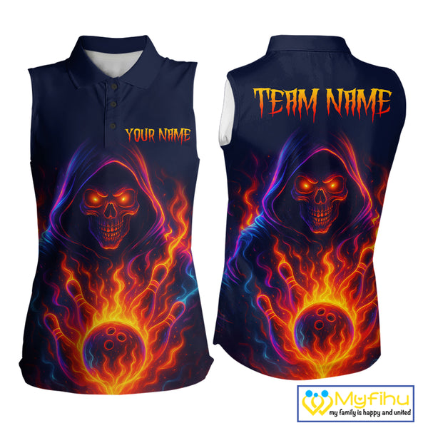 Custom Orange Flame Skull Bowling Sleeveless Polo Shirt Custom Team Bowling Shirts, gift for bowlers NQS10522