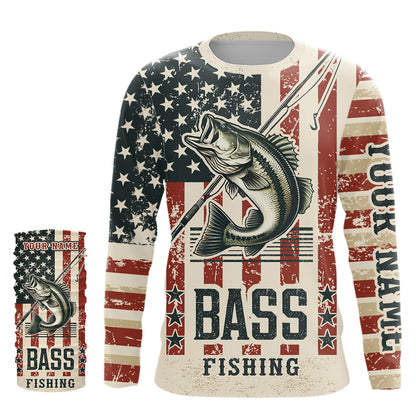 Largemouth Bass fishing vintage American flag Custom performance patriotic long sleeve fishing shirts NQS7199
