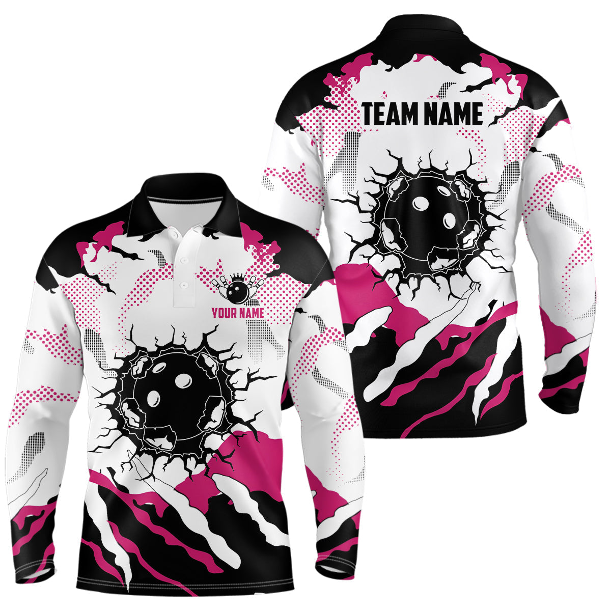 Personalized pink and white camo bowling polo shirts for men, custom team men's bowling shirt NQS6713