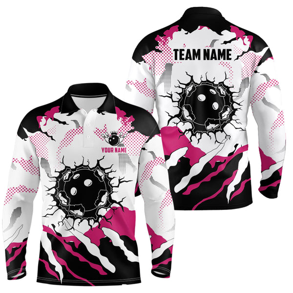 Personalized pink and white camo bowling polo shirts for men, custom team men's bowling shirt NQS6713