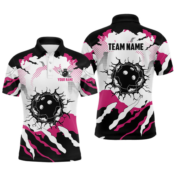 Personalized pink and white camo bowling polo shirts for men, custom team men's bowling shirt NQS6713