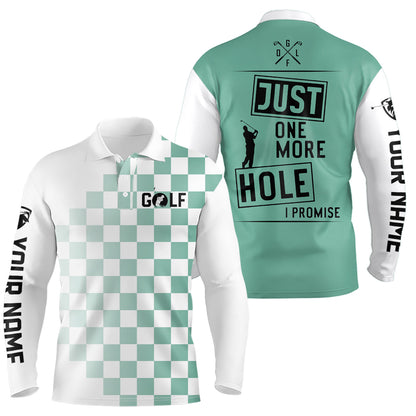 Green and white Mens golf polo shirts custom Just one more hole I promise golf attire for mens NQS6906