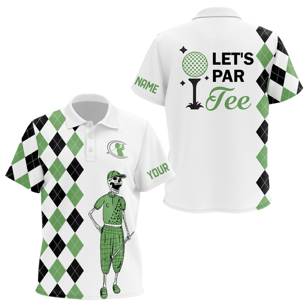 Black and green argyle pattern Kid golf polo shirts custom Let's par tee skull golf gifts for Kid NQS6918