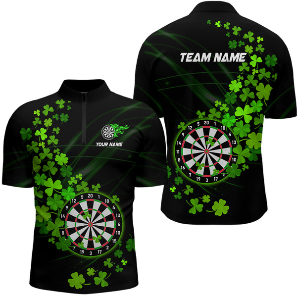 Green shamrock Lucky Darts Polo, Quarter-Zip Shirts For Men Custom St Patrick day Dart Team Jerseys NQS9458