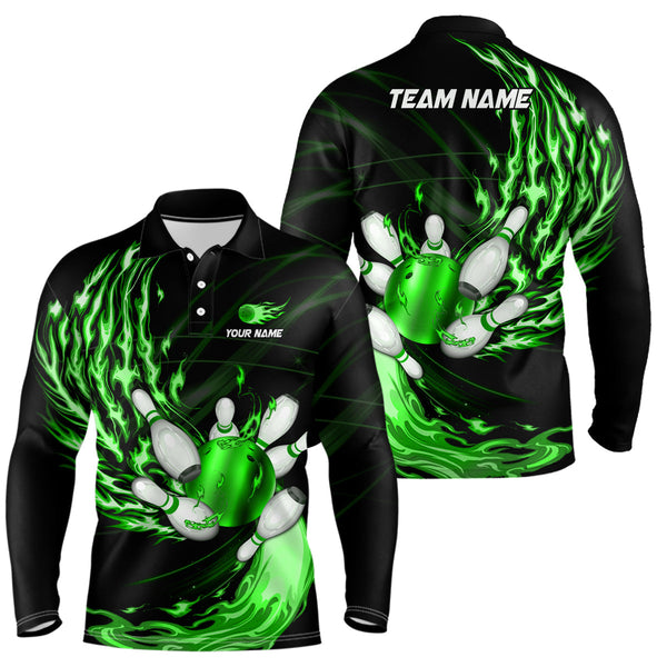 Mens polo bowling shirts Custom Green flame Bowling ball and pins Team league bowler Jersey NQS7370