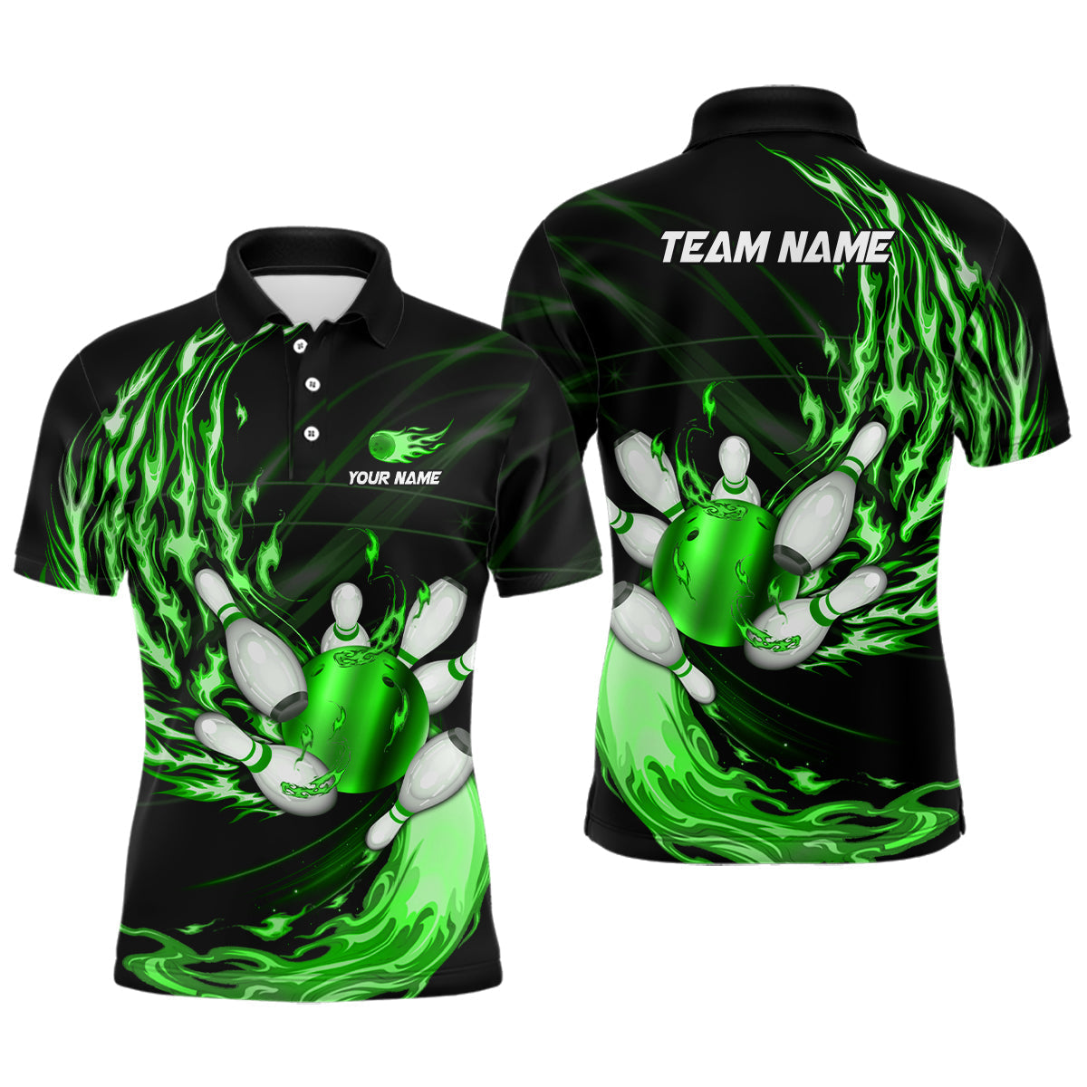 Mens polo bowling shirts Custom Green flame Bowling ball and pins Team league bowler Jersey NQS7370