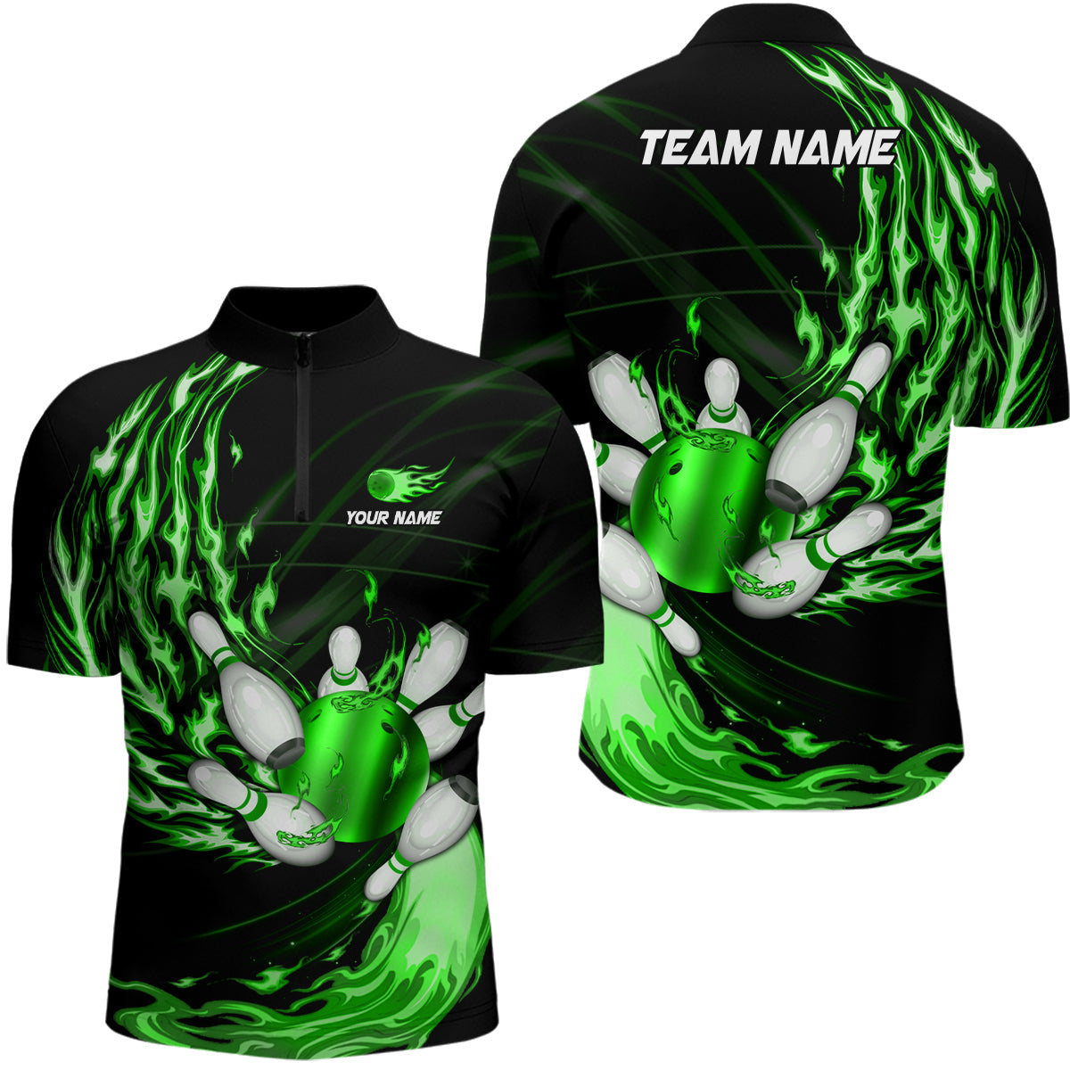 Men's bowling Quarter Zip shirts Custom Green flame Bowling ball and pins Team league bowler Jersey NQS7370