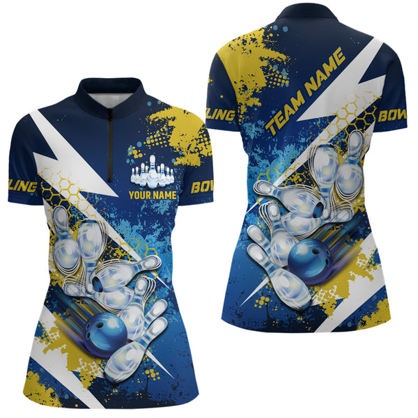 Yellow and blue grunge lightning Bowling Polo, Quarter Zip shirt For Women Custom Team Bowling Jersey NQS7700