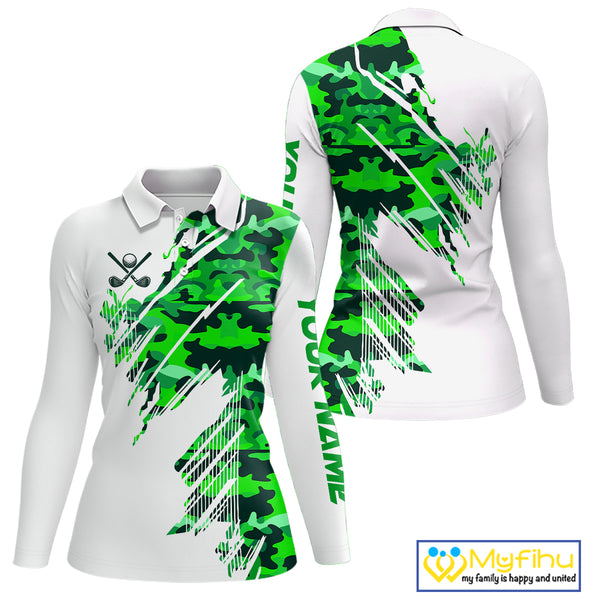Personalized Women golf polo shirts custom white and green camo ladies golf apparel, golfing gifts NQS10334
