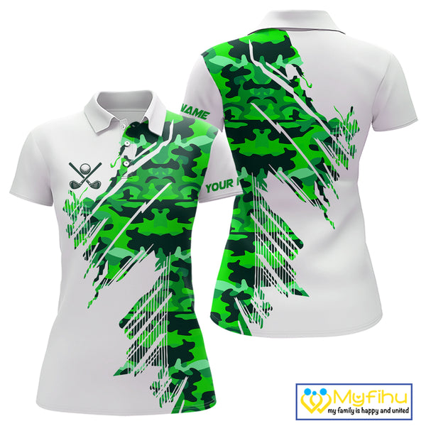 Personalized Women golf polo shirts custom white and green camo ladies golf apparel, golfing gifts NQS10334