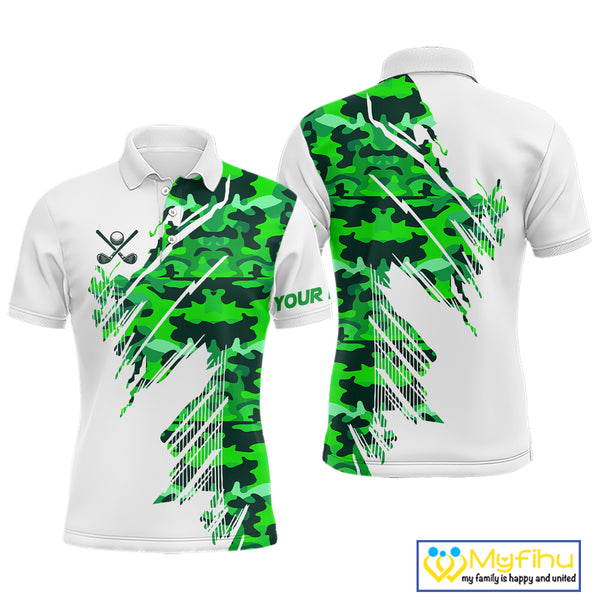Personalized Mens golf polo shirts custom white and green camo mens golf apparel, golfing gifts NQS10334