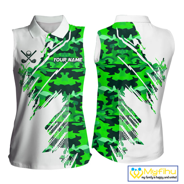 Personalized Women sleeveless golf polo shirt custom white and green camo ladies golf apparel NQS10334