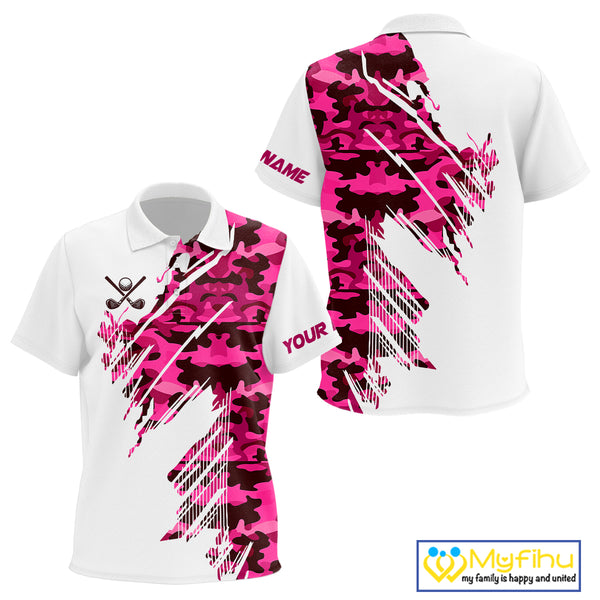 Personalized Kid golf polo shirts custom white and pink camo Kid golf apparel, golfing gifts NQS10335