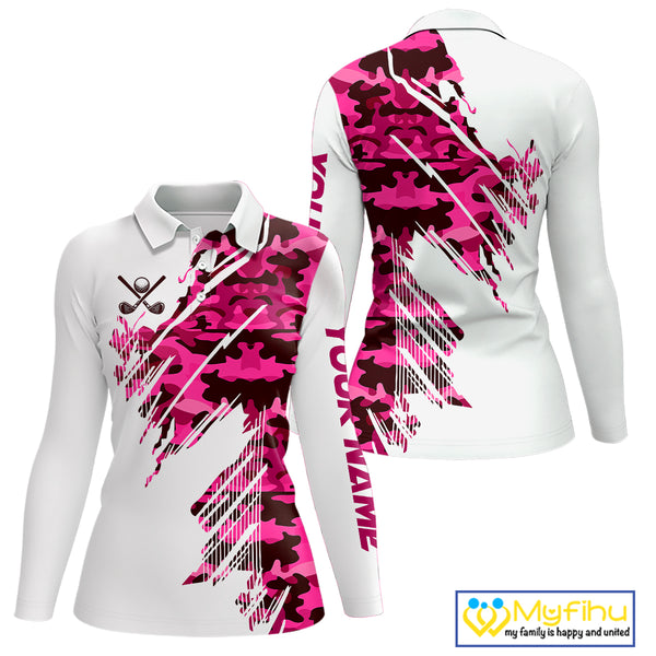 Personalized Women golf polo shirts custom white and pink camo ladies golf apparel, golfing gifts NQS10335