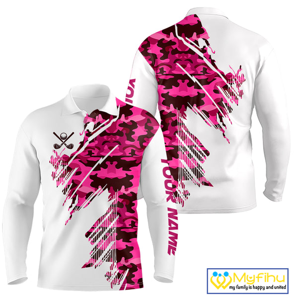Personalized Mens golf polo shirts custom white and pink camo mens golf apparel, golfing gifts NQS10335