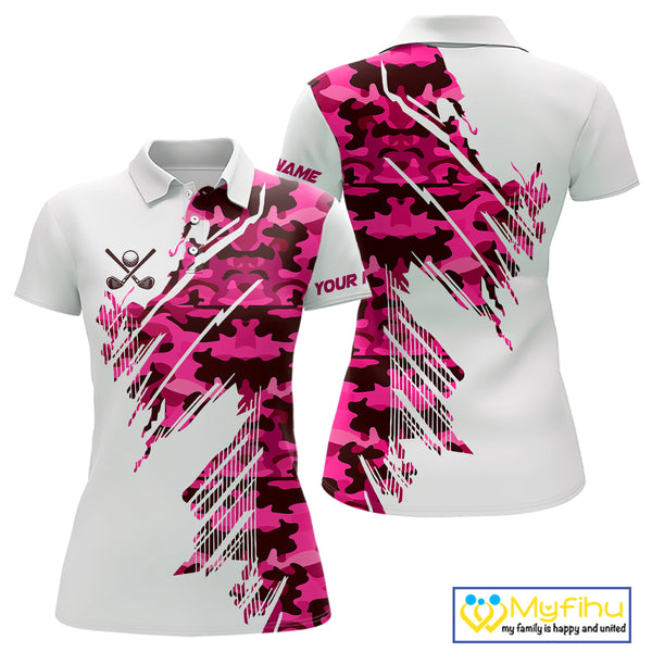 Personalized Women golf polo shirts custom white and pink camo ladies golf apparel, golfing gifts NQS10335