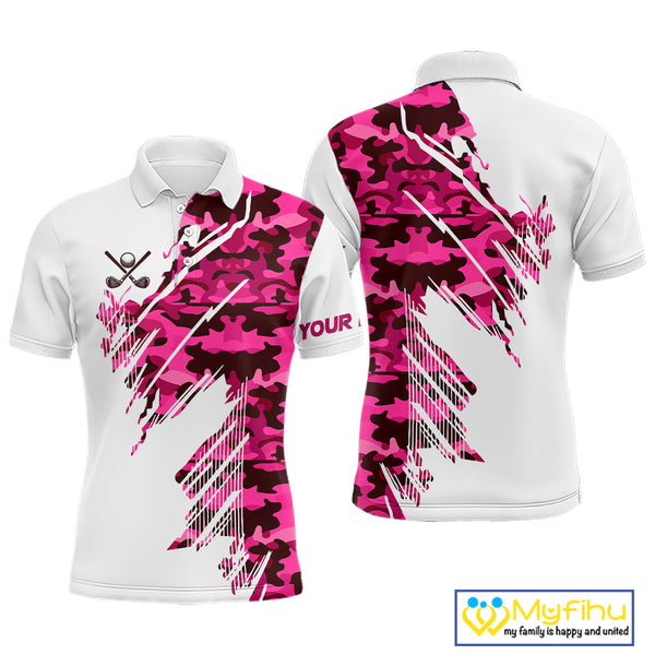 Personalized Mens golf polo shirts custom white and pink camo mens golf apparel, golfing gifts NQS10335