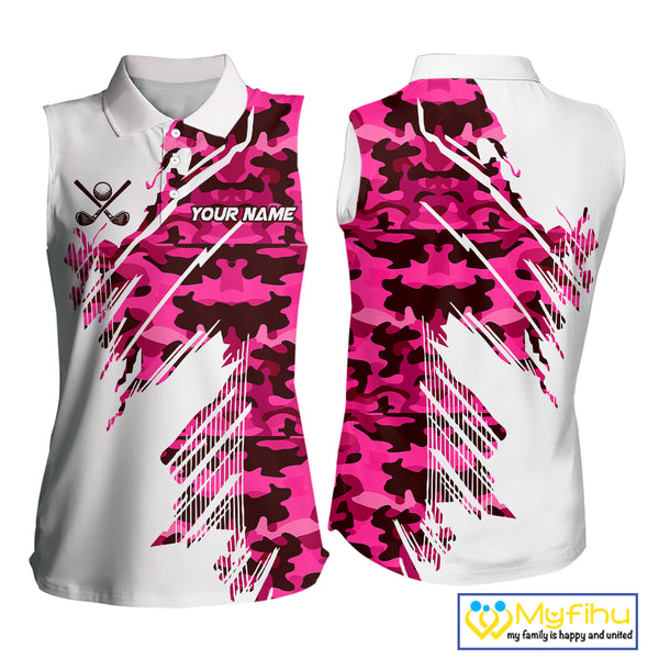 Personalized Women sleeveless golf polo shirt custom white and pink camo ladies golf apparel NQS10335