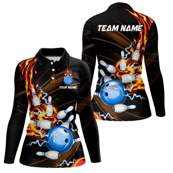 Womens bowling shirts Custom Orange flame Blue Bowling ball and pins Team league bowler Jerseys NQS8566