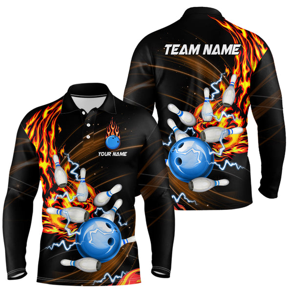 Mens bowling shirts Custom Orange flame Blue Bowling ball and pins Team league bowler Jerseys NQS8566