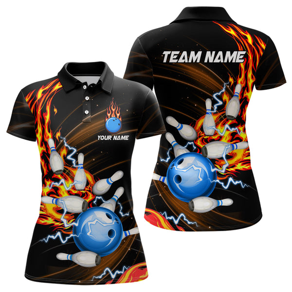 Womens bowling shirts Custom Orange flame Blue Bowling ball and pins Team league bowler Jerseys NQS8566