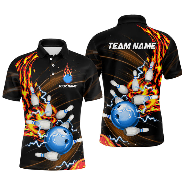 Mens bowling shirts Custom Orange flame Blue Bowling ball and pins Team league bowler Jerseys NQS8566