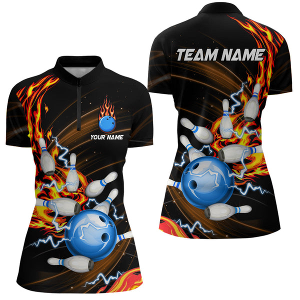 Womens bowling shirts Custom Orange flame Blue Bowling ball and pins Team league bowler Jerseys NQS8566