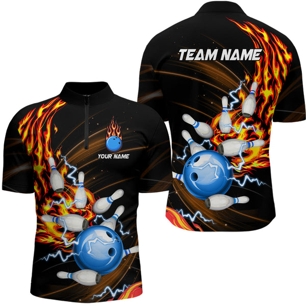 Mens bowling shirts Custom Orange flame Blue Bowling ball and pins Team league bowler Jerseys NQS8566