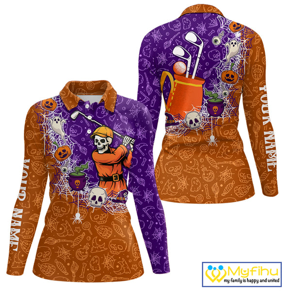 Halloween Skull Playing Golf Women Golf Polo Shirt Custom Halloween golf outfit For Ladies Golf Gifts NQS10340
