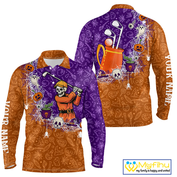 Halloween Skull Playing Golf Mens Golf Polo Shirt Custom Halloween golf outfit For Men Golf Gifts NQS10340