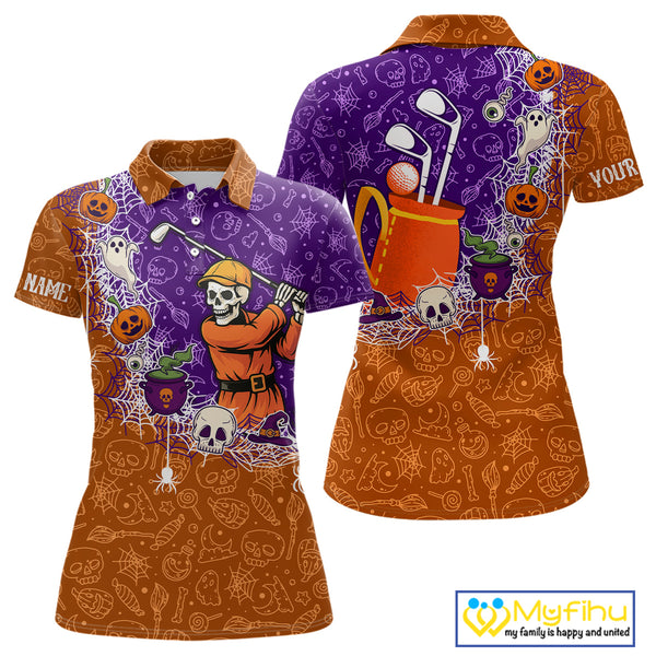 Halloween Skull Playing Golf Women Golf Polo Shirt Custom Halloween golf outfit For Ladies Golf Gifts NQS10340