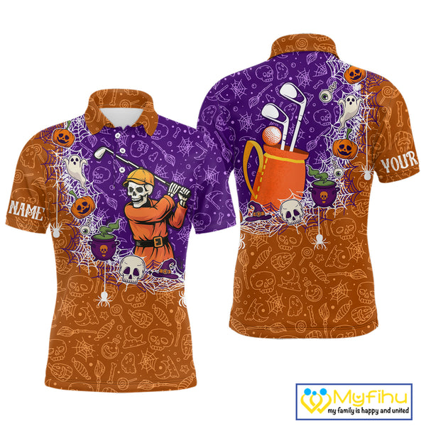 Halloween Skull Playing Golf Mens Golf Polo Shirt Custom Halloween golf outfit For Men Golf Gifts NQS10340