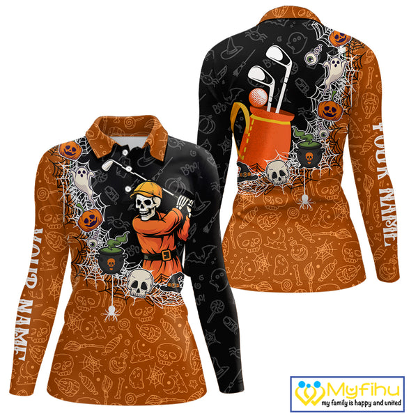 Halloween Skull Playing Golf Women Golf Polo Shirt Custom black & orange Halloween mens golf outfit NQS10341