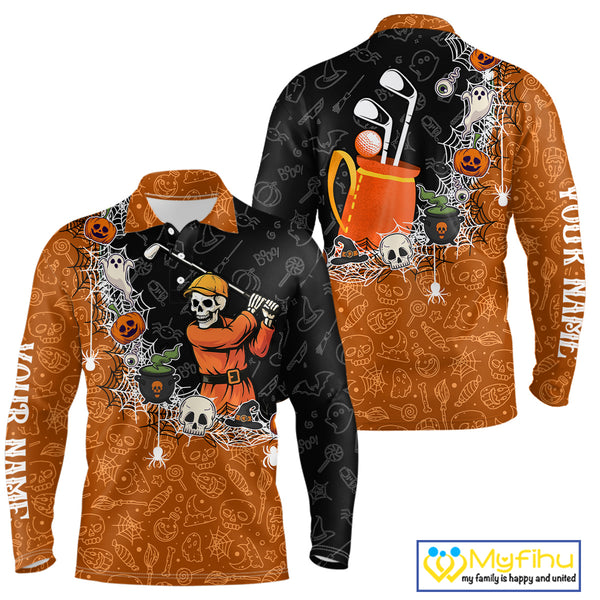 Halloween Skull Playing Golf Mens Golf Polo Shirt Custom black and orange Halloween mens golf outfit NQS10341