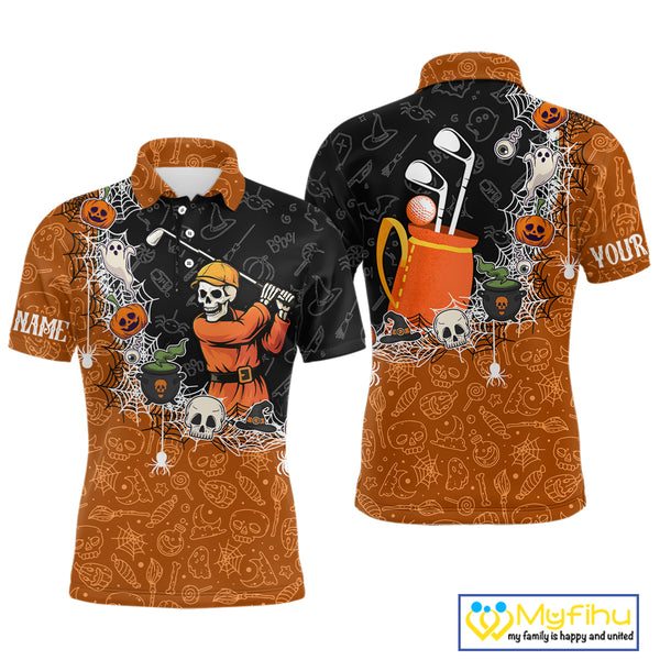 Halloween Skull Playing Golf Mens Golf Polo Shirt Custom black and orange Halloween mens golf outfit NQS10341