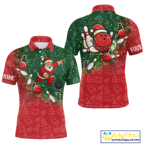 Christmas Santa Mens Bowling Polo, Quarter Zip Shirt Custom Christmas Team Bowling outfit For Men NQS10342