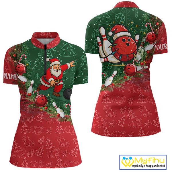 Christmas Santa Women Bowling Polo, Quarter Zip Shirt Custom Christmas Team Bowling outfit For Ladies NQS10342