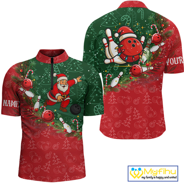 Christmas Santa Mens Bowling Polo, Quarter Zip Shirt Custom Christmas Team Bowling outfit For Men NQS10342