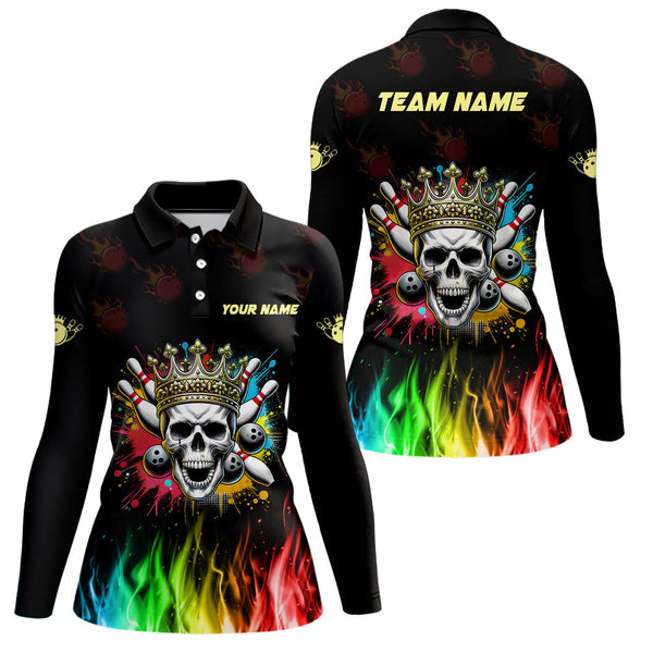 Colorful Flame Skull Bowling Polo, Quarter Zip Shirt For Women Custom Bowling Team League Jerseys NQS8402