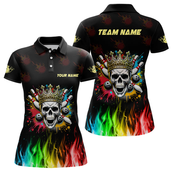 Colorful Flame Skull Bowling Polo, Quarter Zip Shirt For Women Custom Bowling Team League Jerseys NQS8402