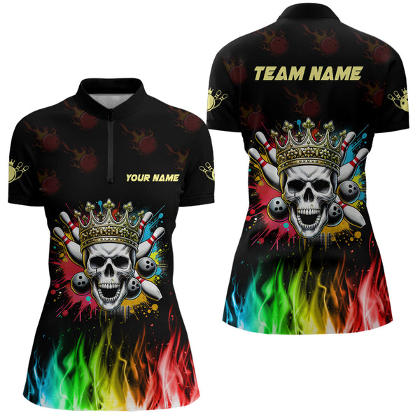 Colorful Flame Skull Bowling Polo, Quarter Zip Shirt For Women Custom Bowling Team League Jerseys NQS8402
