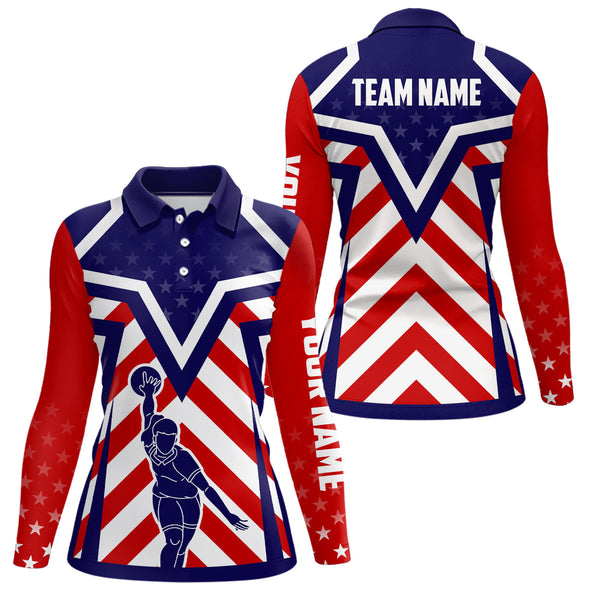 Red, white and blue American flag Bowling Polo Shirts For Women Custom bowling Team League Jerseys NQS6735