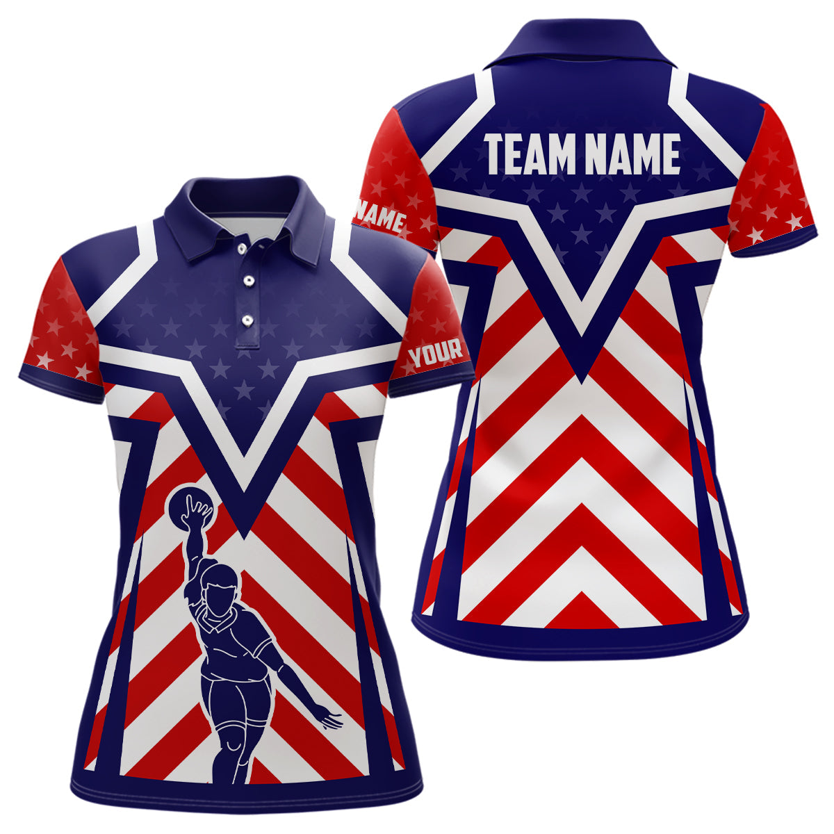 Red, white and blue American flag Bowling Polo Shirts For Women Custom bowling Team League Jerseys NQS6735