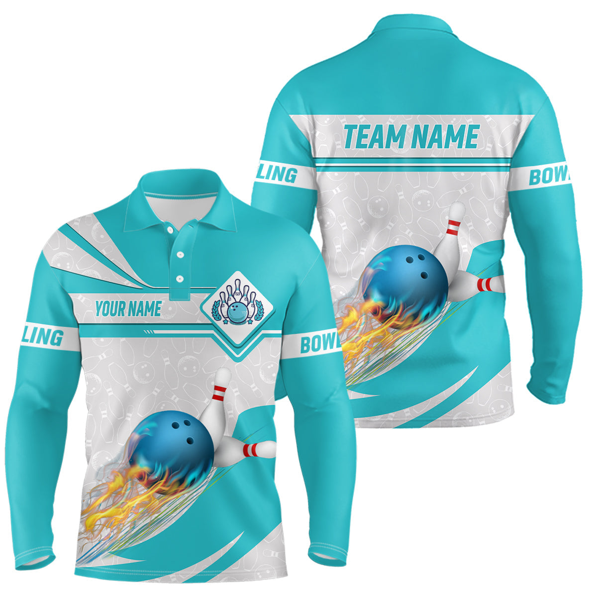 Cyan blue Bowling Polo Shirts For Men Custom camo flame bowling ball pins Team League Jerseys NQS6733