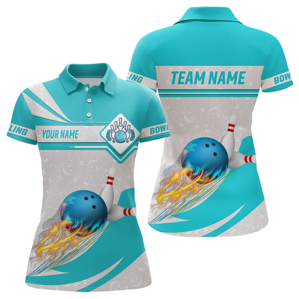 Cyan blue Bowling Polo Shirts For Women Custom camo flame bowling ball pins Team League Jerseys NQS6733