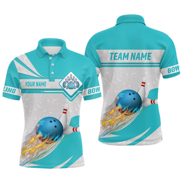 Cyan blue Bowling Polo Shirts For Men Custom camo flame bowling ball pins Team League Jerseys NQS6733