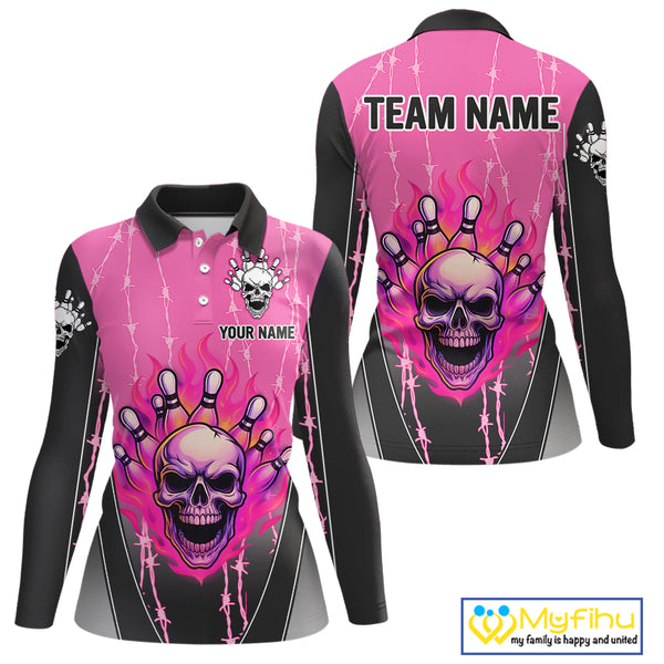 Black and pink flame skull Bowling Polo, 1/4 Zip Shirt for Women Custom Team Bowling League Jersey NQS10203