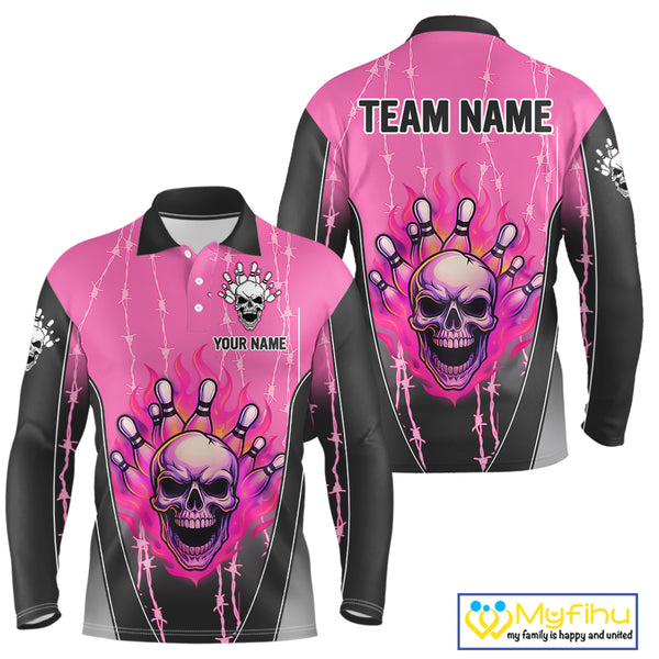 Black and pink flame skull Bowling Polo, 1/4 Zip Shirt for men Custom Team Bowling League Jersey NQS10203