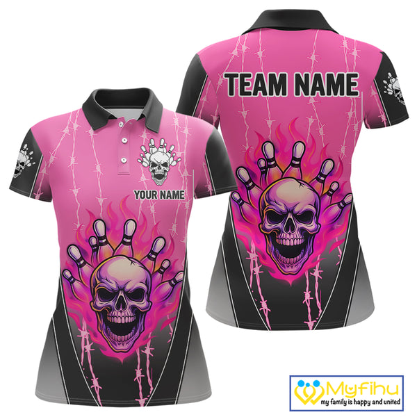 Black and pink flame skull Bowling Polo, 1/4 Zip Shirt for Women Custom Team Bowling League Jersey NQS10203