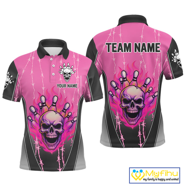 Black and pink flame skull Bowling Polo, 1/4 Zip Shirt for men Custom Team Bowling League Jersey NQS10203